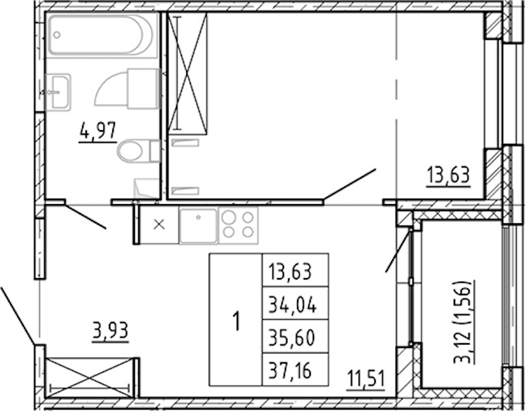 1-комнатная квартира 34.04 м², 2/12 эт., ЖК «Полис Новоселье»